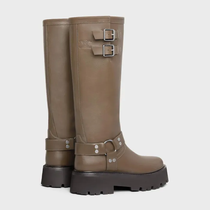 Celine Bulky Biker High Boot In Calfskin Khakisilver Women CELINE BOOTS AND ANKLE BOOTS