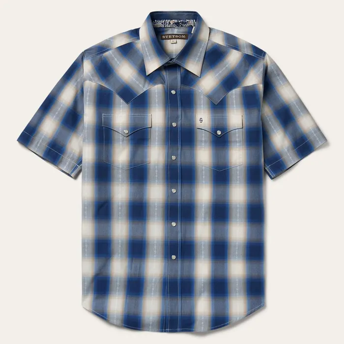 Classic Cut Men Stetson Blue Ombre Plaid Short Sleeve Western Shirt Blue