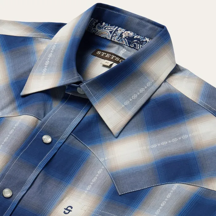 Classic Cut Men Stetson Blue Ombre Plaid Short Sleeve Western Shirt Blue
