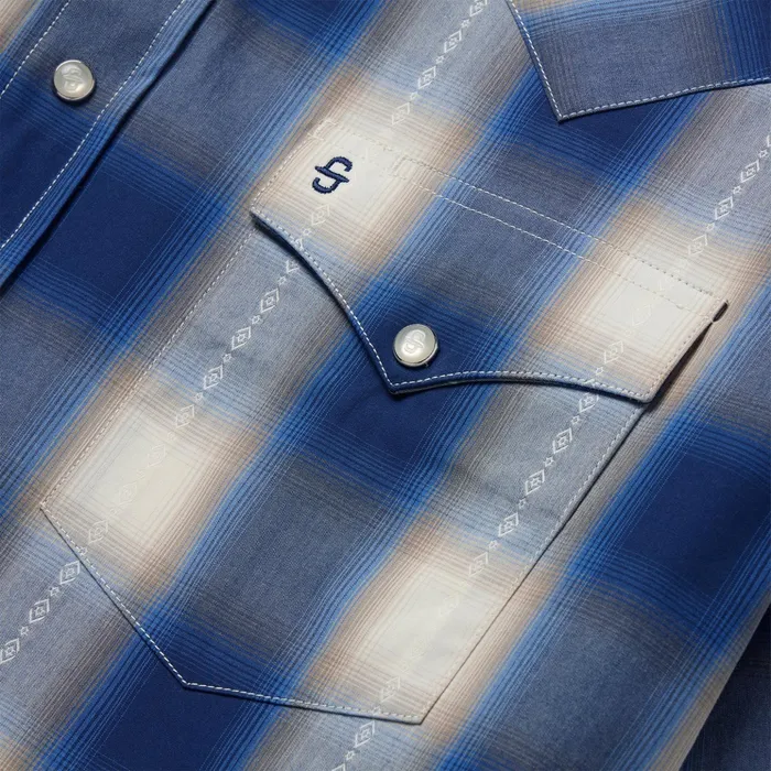 Classic Cut Men Stetson Blue Ombre Plaid Short Sleeve Western Shirt Blue