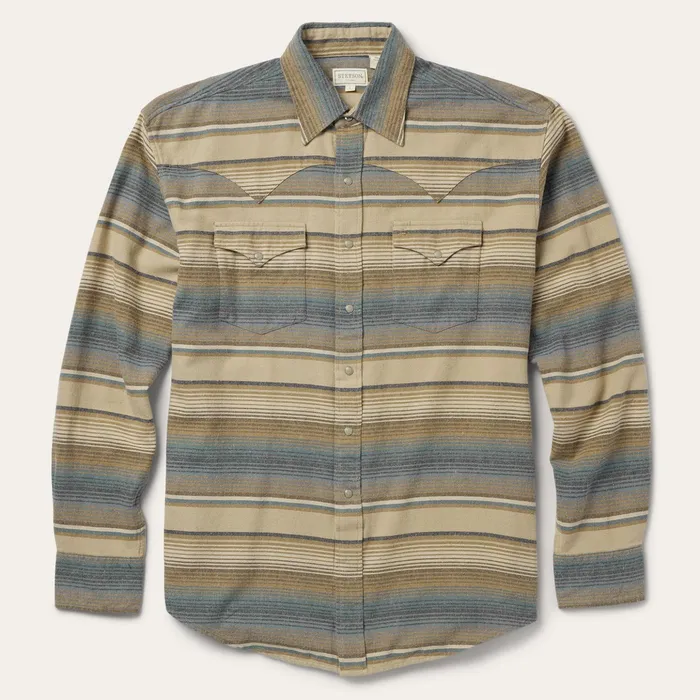 Classic Cut Men Stetson Blue Stripe Flannel Western Shirt Blue
