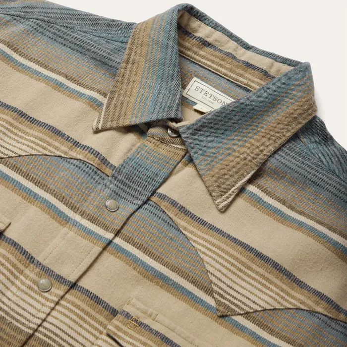 Classic Cut Men Stetson Blue Stripe Flannel Western Shirt Blue