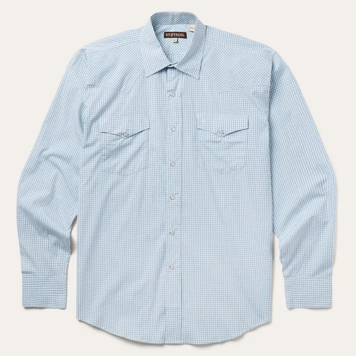 Classic Cut Men Stetson Blue Two Stripe Check Western Shirt Blue