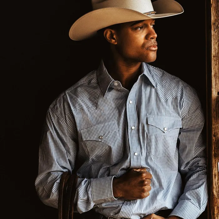 Classic Cut Men Stetson Blue Two Stripe Check Western Shirt Blue