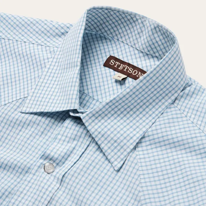 Classic Cut Men Stetson Blue Two Stripe Check Western Shirt Blue