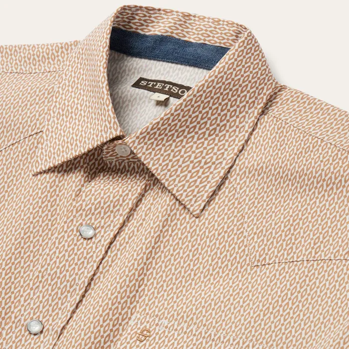 Classic Cut Men Stetson Orange Diamond Print Western Shirt Orange