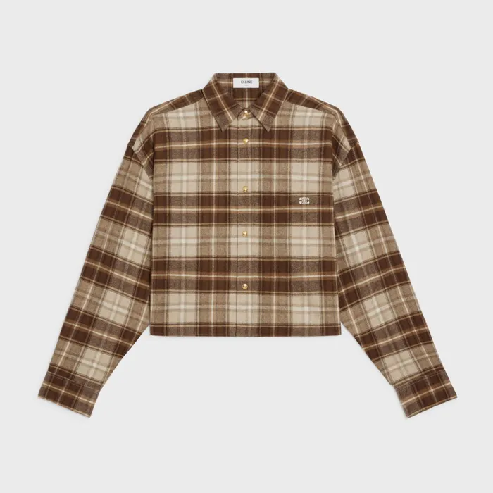Cropped Shirt In Checked Wool Beigecamelbrun Women CELINE SHIRTS AND TOPS