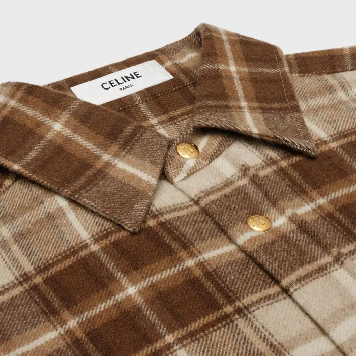 Cropped Shirt In Checked Wool Beigecamelbrun Women CELINE SHIRTS AND TOPS