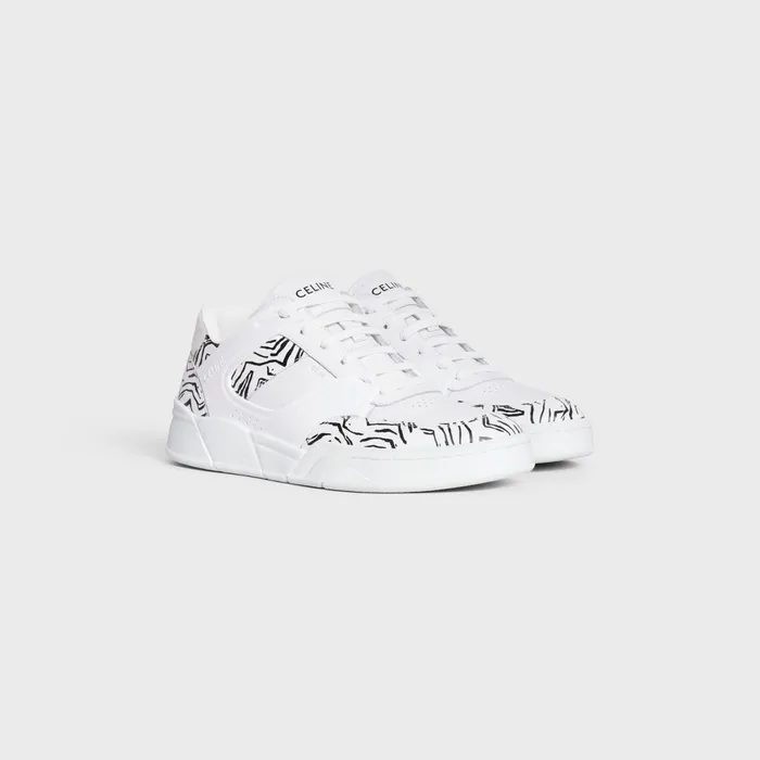 Ct07 Celine Trainer Low LaceUp Sneaker In Calfskin and Zebra Stamped Calfskin Optic White Black Men CELINE SNEAKERS