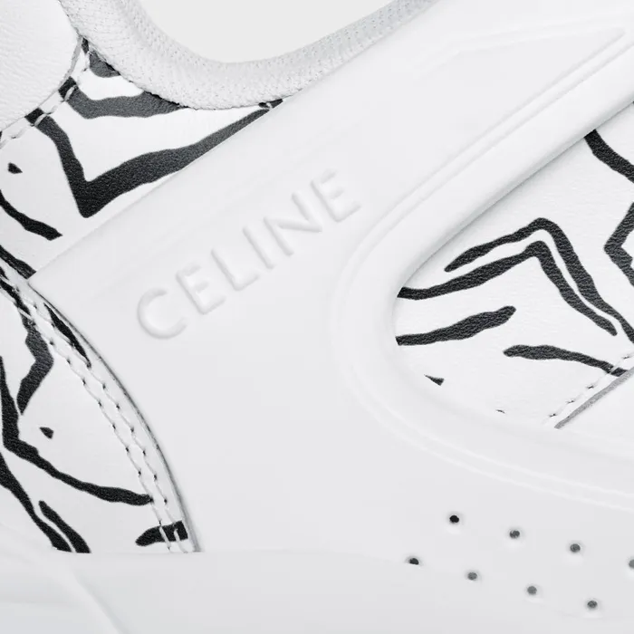 Ct07 Celine Trainer Low LaceUp Sneaker In Calfskin and Zebra Stamped Calfskin Optic White Black Men CELINE SNEAKERS