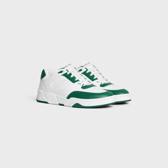 Ct07 Celine Trainer Low LaceUp Sneaker In Calfskin Optic Whitedark Green Men CELINE SNEAKERS