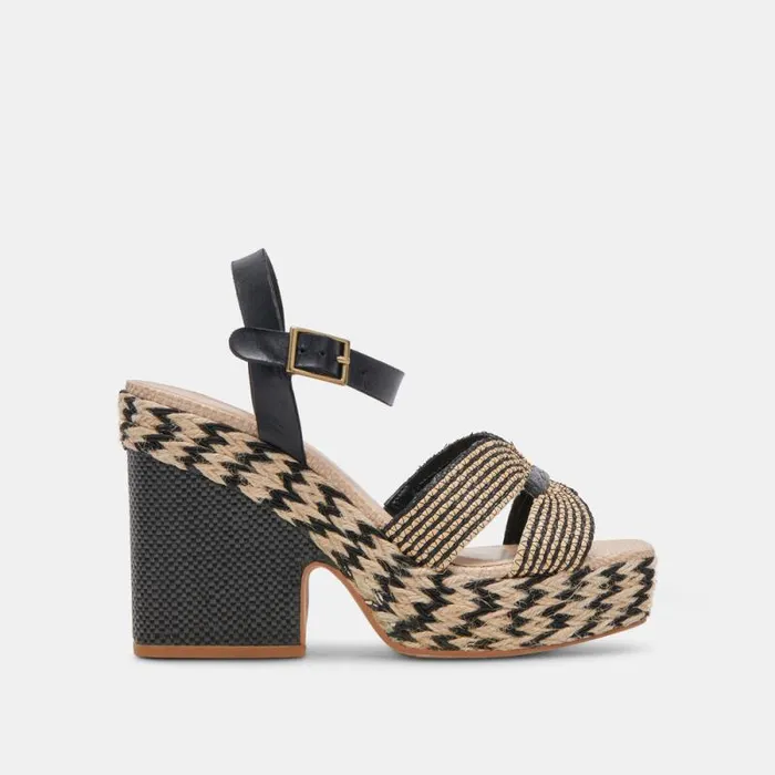 Dolce Vita Cale Heels Black Natural Raffia Women Heels