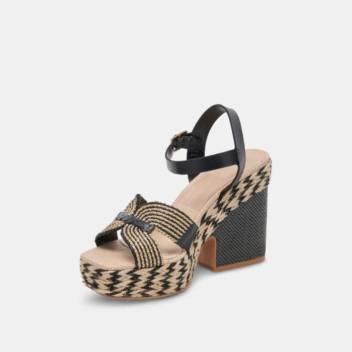 Dolce Vita Cale Heels Black Natural Raffia Women Heels