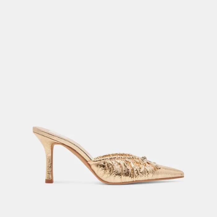 Dolce Vita Kairi Heels Gold Distressed Leather Women Mules and Clogs
