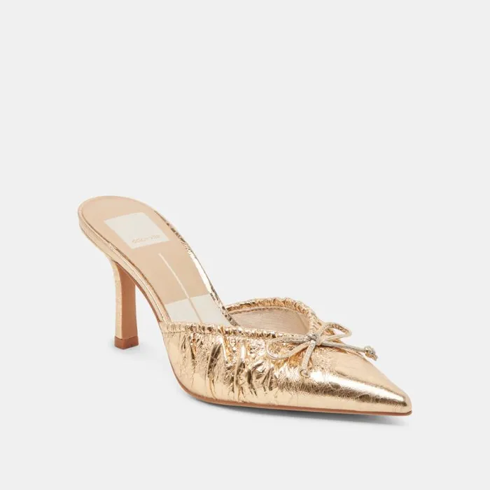 Dolce Vita Kairi Heels Gold Distressed Leather Women Mules and Clogs