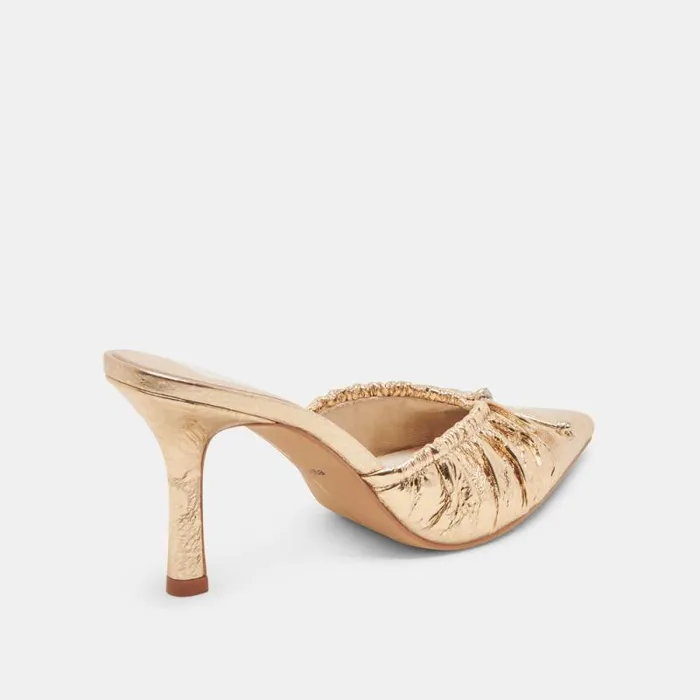 Dolce Vita Kairi Heels Gold Distressed Leather Women Mules and Clogs