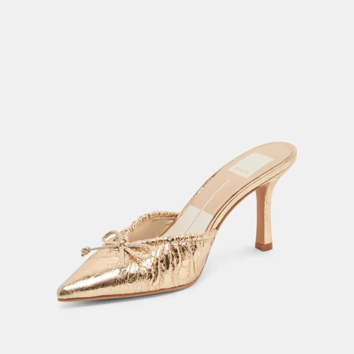 Dolce Vita Kairi Heels Gold Distressed Leather Women Mules and Clogs