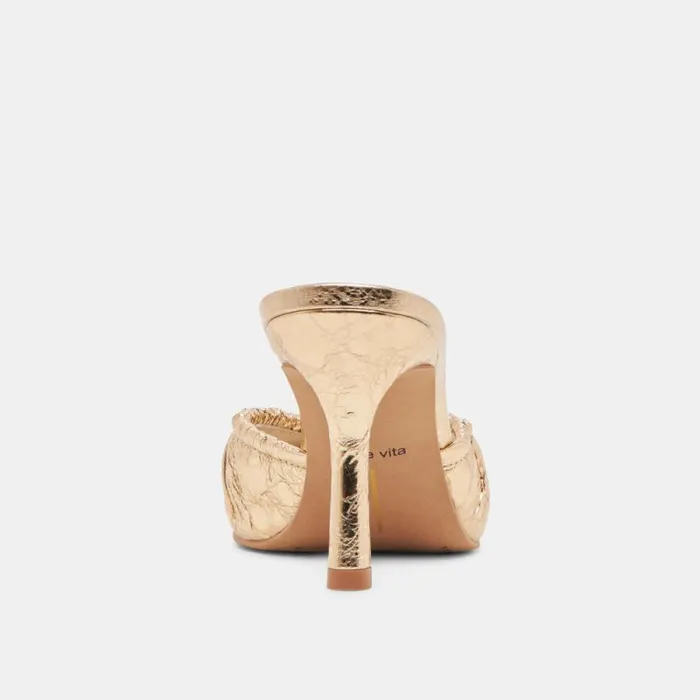 Dolce Vita Kairi Heels Gold Distressed Leather Women Mules and Clogs