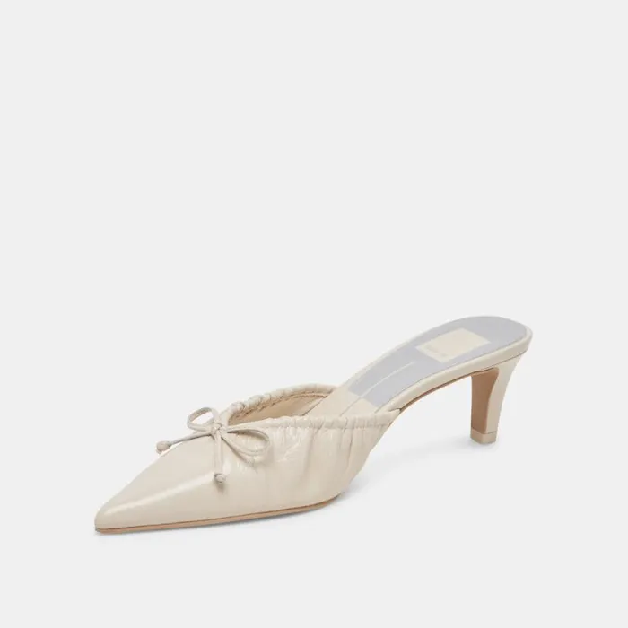 Dolce Vita Kairi Mid Heels Ivory Crinkle Patent Women Mules and Clogs