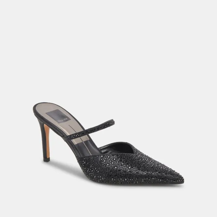 Dolce Vita Kanika Crystal Heels Black Metallic Fabric Women Heels