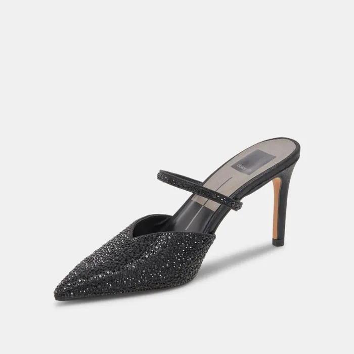 Dolce Vita Kanika Crystal Heels Black Metallic Fabric Women Heels