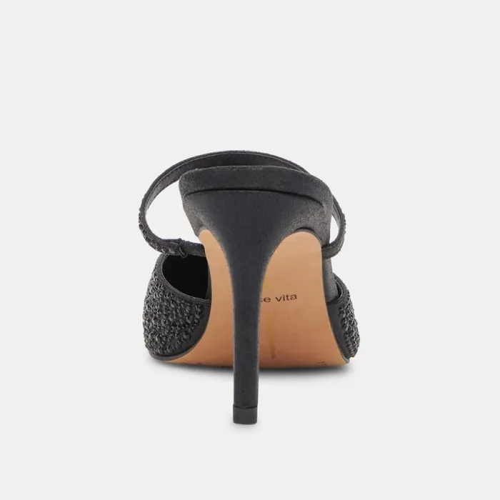 Dolce Vita Kanika Crystal Heels Black Metallic Fabric Women Heels