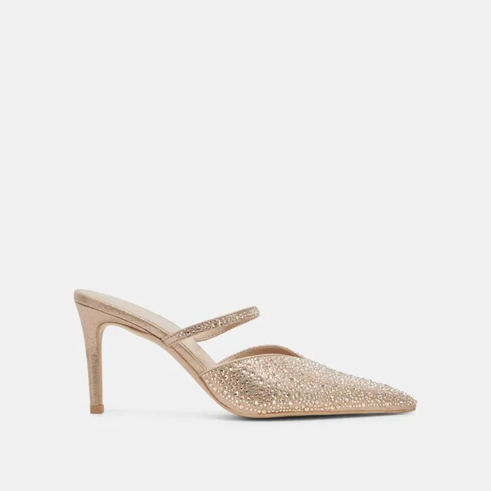 Dolce Vita Kanika Crystal Heels Light Gold Fabric Women Mules and Clogs