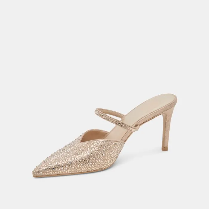 Dolce Vita Kanika Crystal Heels Light Gold Fabric Women Mules and Clogs
