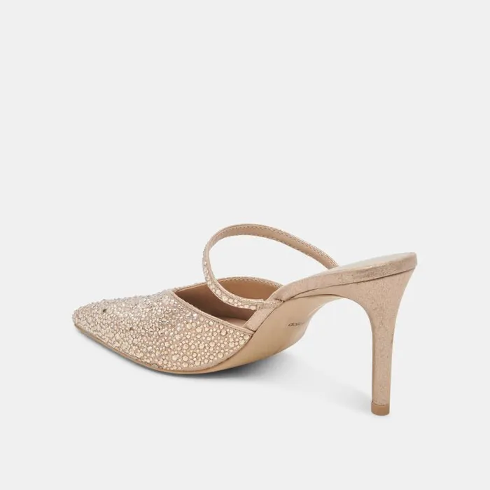 Dolce Vita Kanika Crystal Heels Light Gold Fabric Women Mules and Clogs