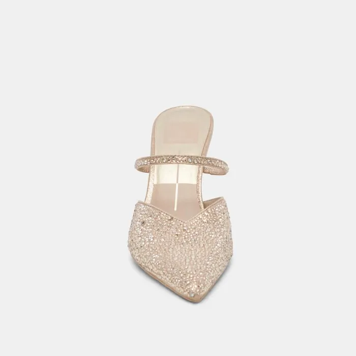 Dolce Vita Kanika Crystal Heels Light Gold Fabric Women Mules and Clogs