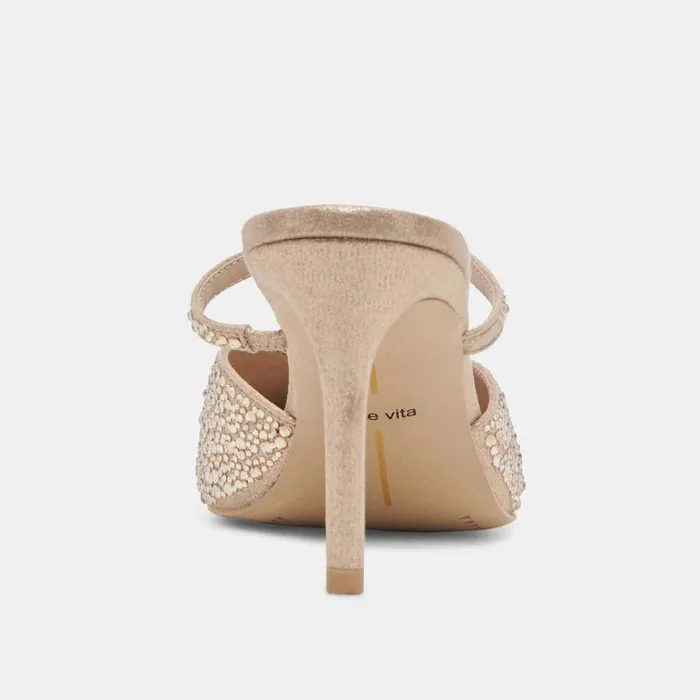 Dolce Vita Kanika Crystal Heels Light Gold Fabric Women Mules and Clogs