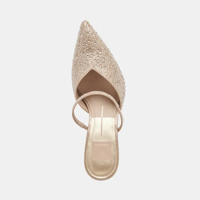 Dolce Vita Kanika Crystal Heels Light Gold Fabric Women Mules and Clogs