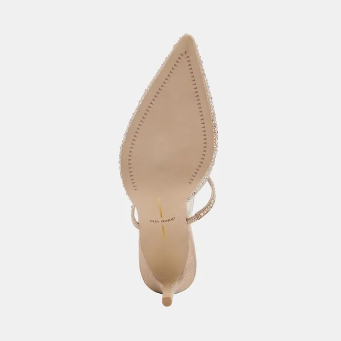 Dolce Vita Kanika Crystal Heels Light Gold Fabric Women Mules and Clogs