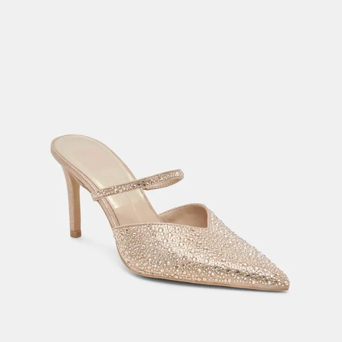 Dolce Vita Kanika Crystal Heels Light Gold Fabric Women Mules and Clogs