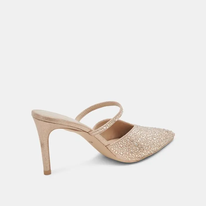 Dolce Vita Kanika Crystal Heels Light Gold Fabric Women Mules and Clogs