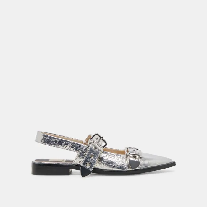 Dolce Vita Labell Flats Silver Distressed Leather Women Flats and Loafers