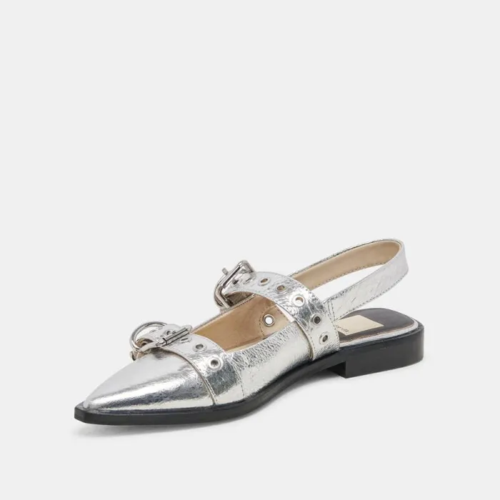 Dolce Vita Labell Flats Silver Distressed Leather Women Flats and Loafers