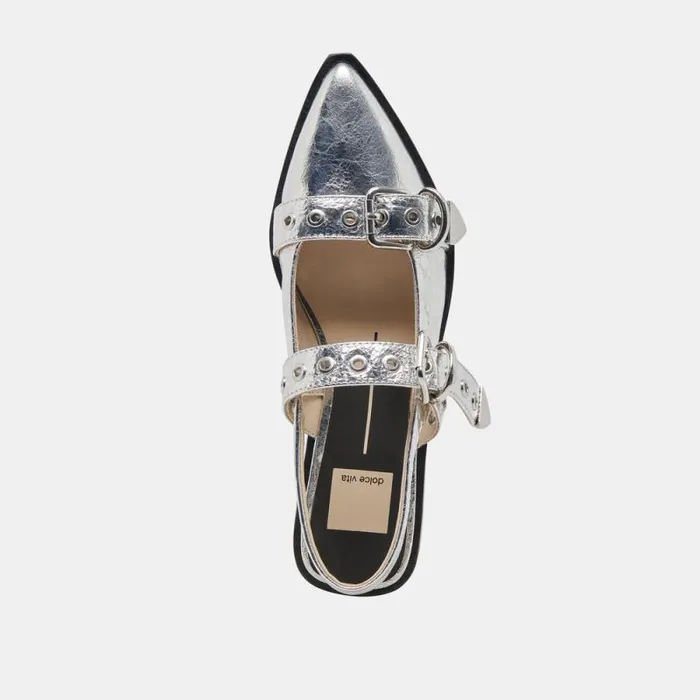 Dolce Vita Labell Flats Silver Distressed Leather Women Flats and Loafers