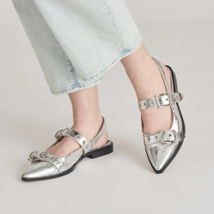 Dolce Vita Labell Flats Silver Distressed Leather Women Flats and Loafers