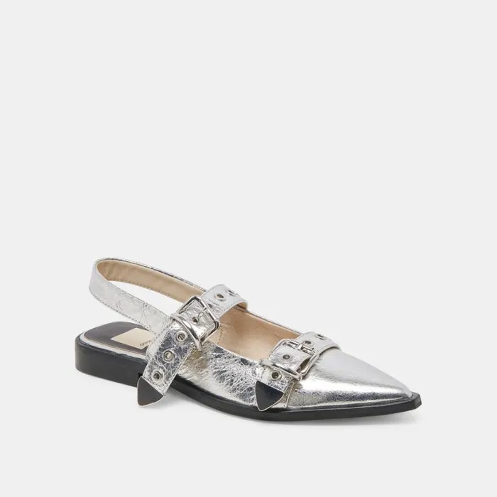 Dolce Vita Labell Flats Silver Distressed Leather Women Flats and Loafers