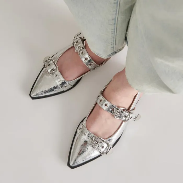Dolce Vita Labell Flats Silver Distressed Leather Women Flats and Loafers