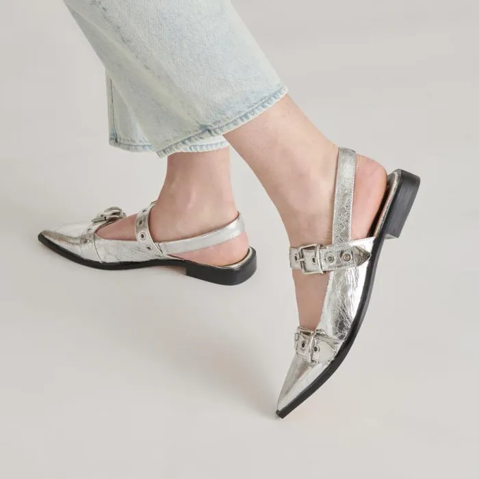 Dolce Vita Labell Flats Silver Distressed Leather Women Flats and Loafers