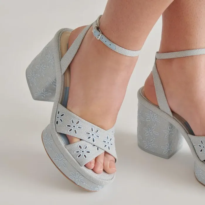 Dolce Vita Laisha Heels Light Blue Floral Eyelet Women Heels