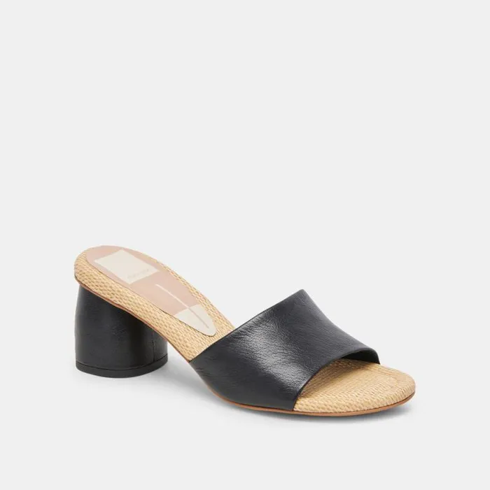 Dolce Vita Minny Raffia Heels Black Leather Women Heels