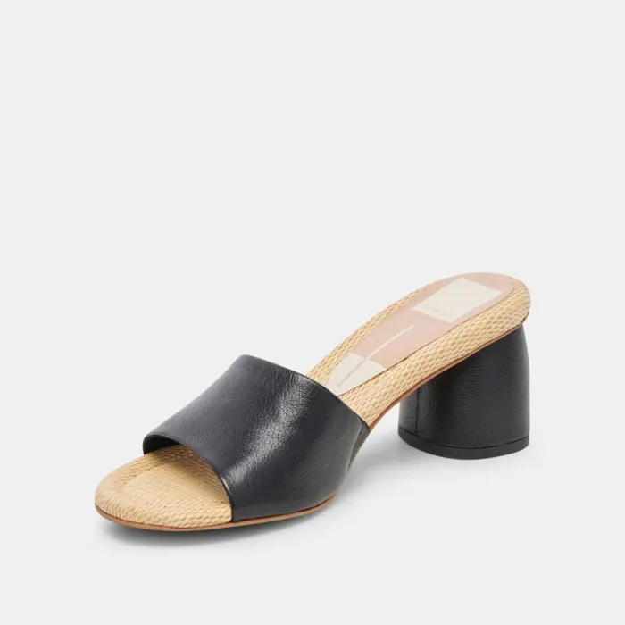 Dolce Vita Minny Raffia Heels Black Leather Women Heels