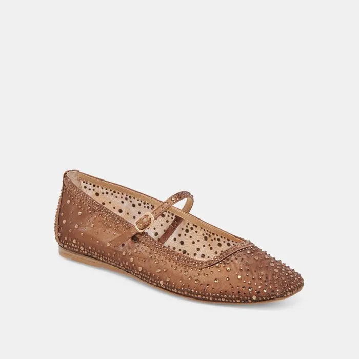 Dolce Vita Reyes Crystal Ballet Flats Mid Brown Mesh Women Flats and Loafers