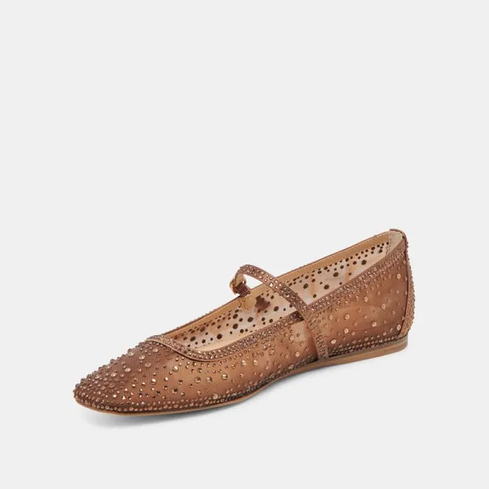 Dolce Vita Reyes Crystal Ballet Flats Mid Brown Mesh Women Flats and Loafers