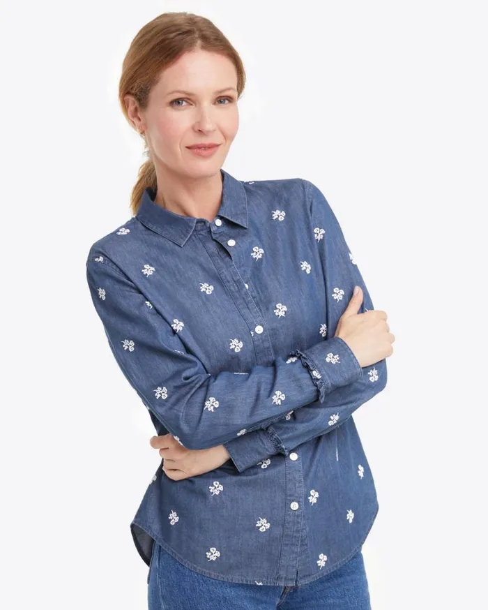 Draper James Tops Women Button Down Top In Embroidered Chambray