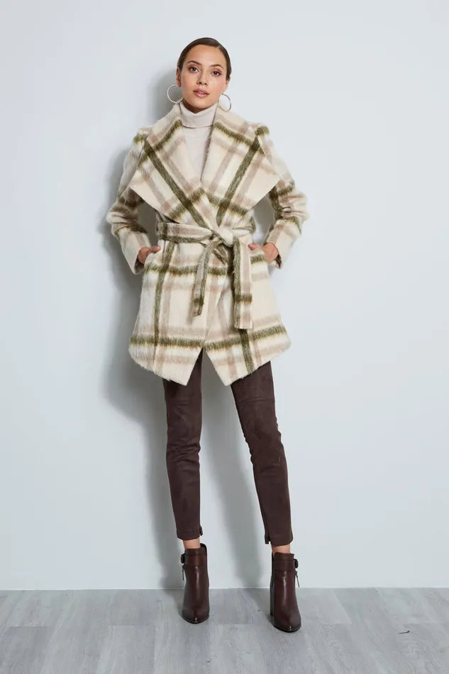 Elie Tahari Coats Tahari Plaid Wrap Coat Beige Combo 8211 Women