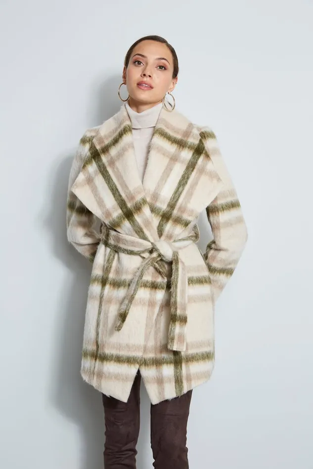 Elie Tahari Coats Tahari Plaid Wrap Coat Beige Combo 8211 Women